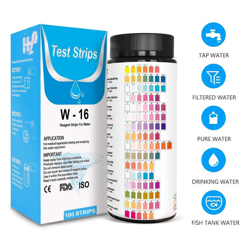 16-in-1 Pool Spa Aquarium Water Test Strips, Fast pH & Hardness Testing Kit 100