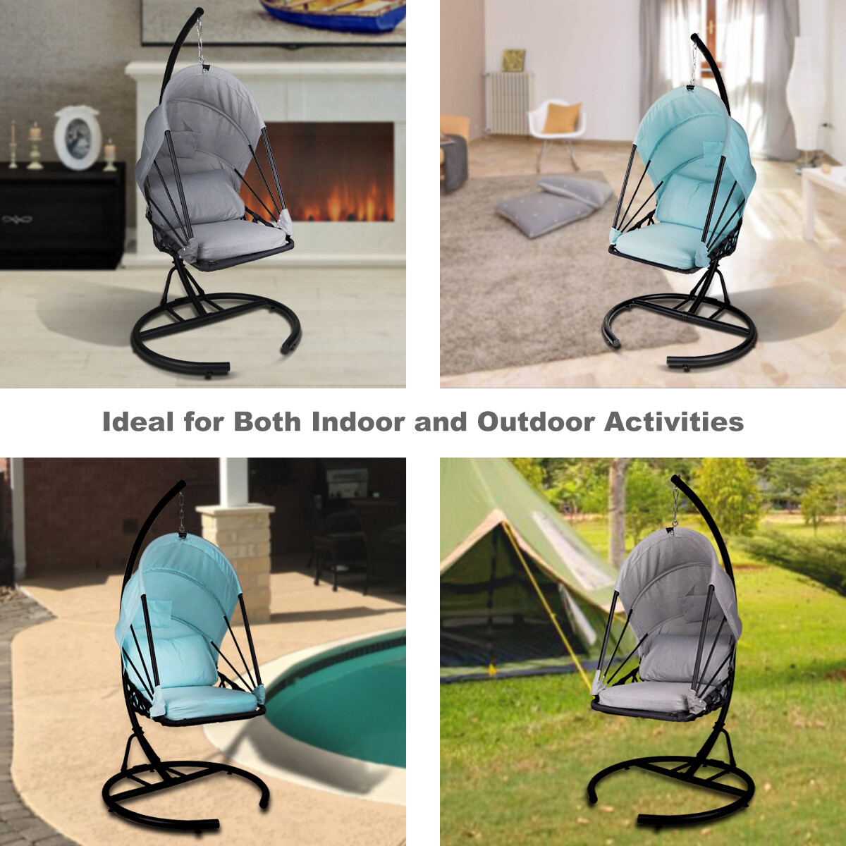 Foldable Hanging Egg Chair Outdoor Patio Hammock Swing Cushion Seat Canopy Stand