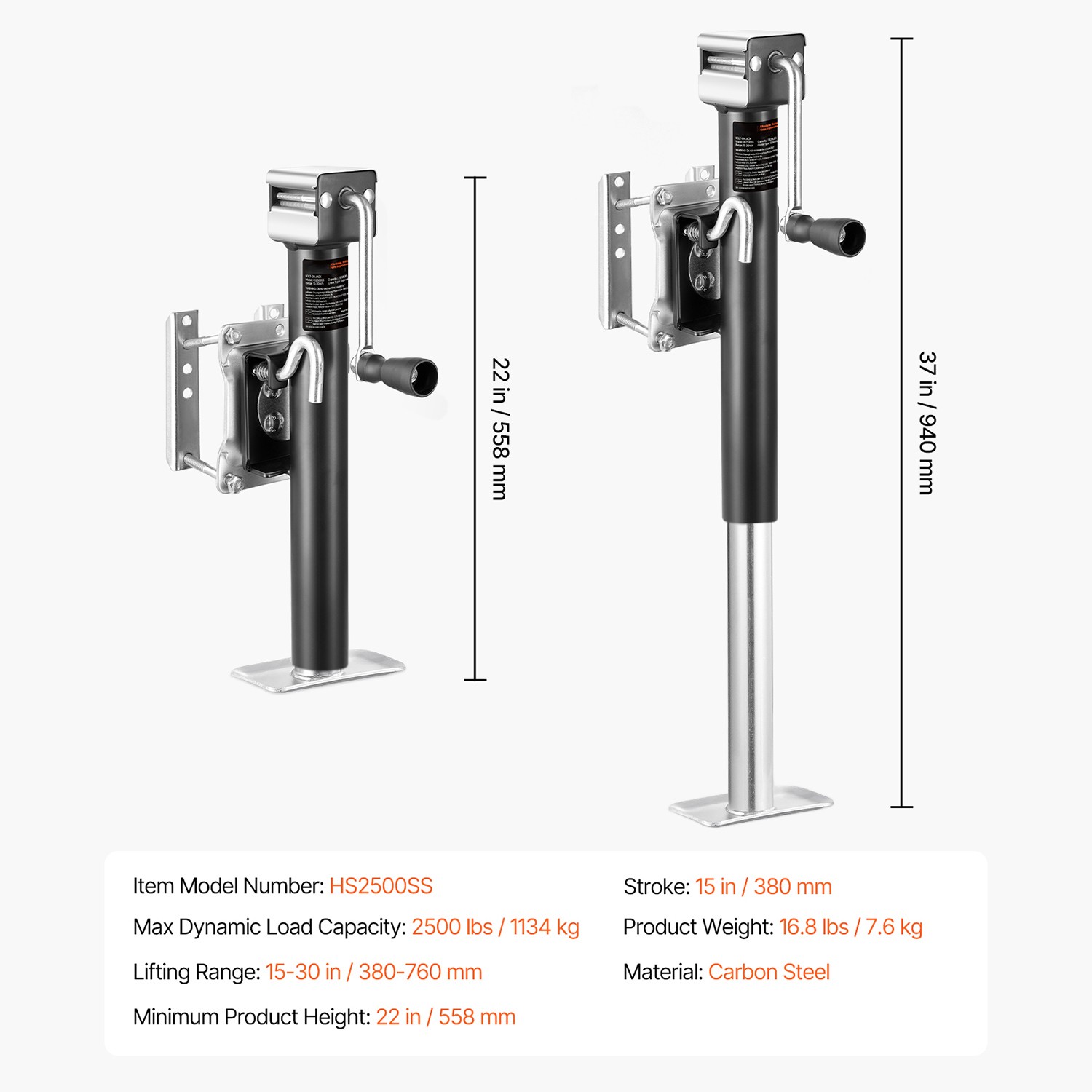Trailer Jack Bolt-on Trailer Tongue Jack 2500 lbs Dynamic Load 15" Travel