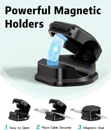 6 Pack Magnetic Cable Clips [Cable Smooth Adjustable] Cord 6Pack, Black
