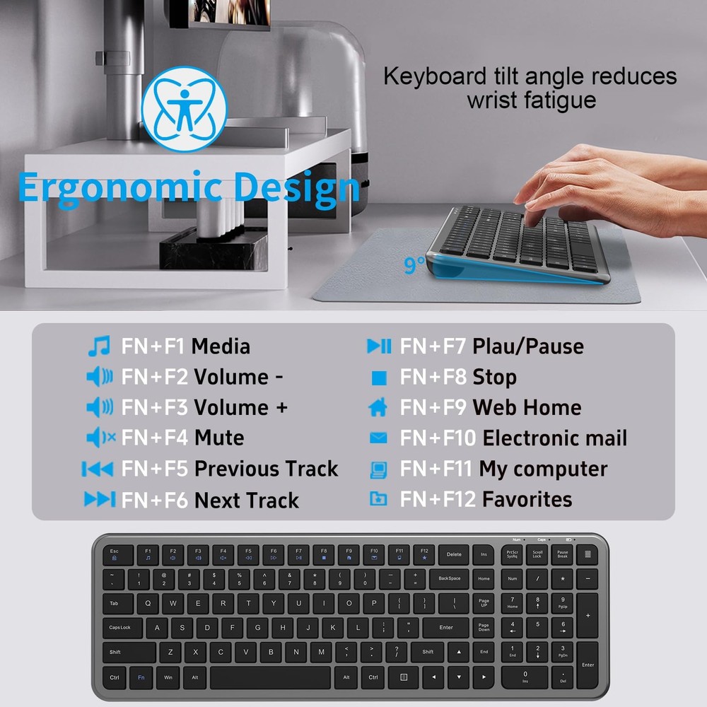 Wireless Silent Keyboard And Mouse Combo FullSize Calculator Button Grey