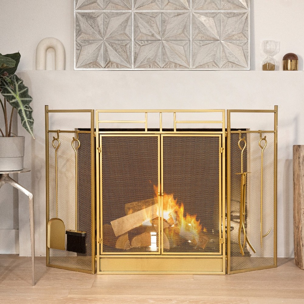 Barton 48" Fireplace Screen 3-Panel Foldable Doors With 4-Pieces Fireplace Tool