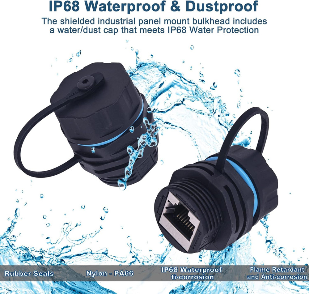 Waterproof CAT6 RJ45 Panel Mount Coupler, IP68 Shielded Industrial Panel Mount B