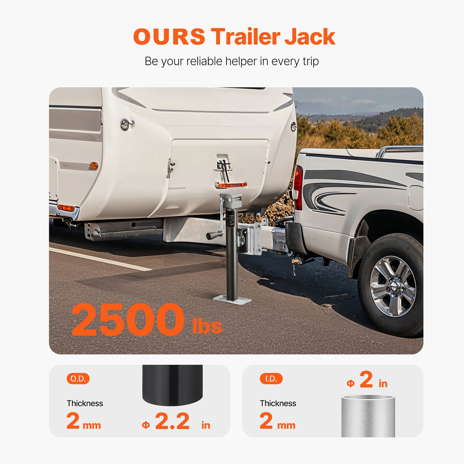 Trailer Jack Bolt-on Trailer Tongue Jack 2500 lbs Dynamic Load 15" Travel