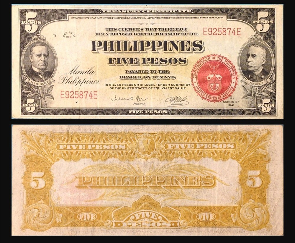 1941 5 Peso Philippines. Very Nice Grade Circulated Banknote