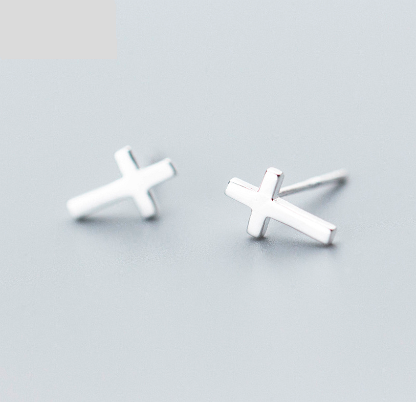 S925 Sterling Silver High Polished Cross Stud Earrings