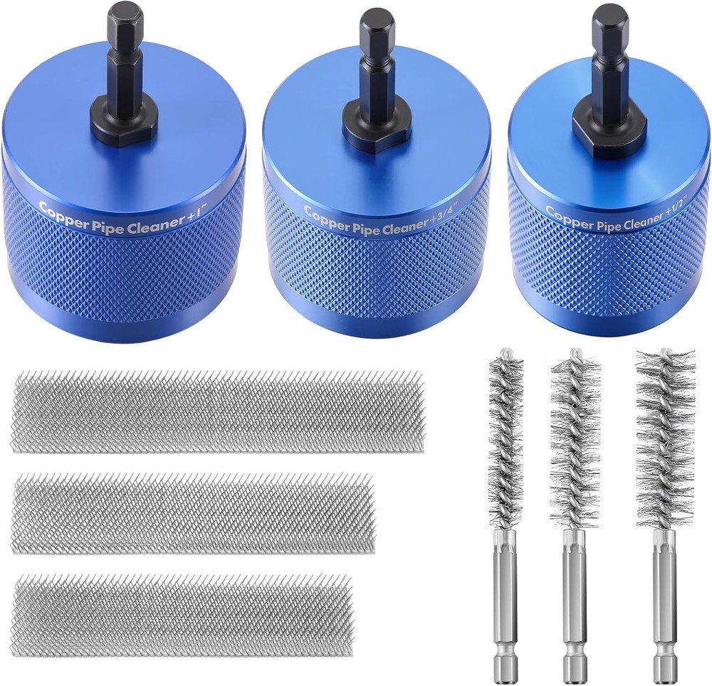 1/2", 3/4", 1" Copper Pipe Cleaner for Drill Set Includes External Stainless Ste