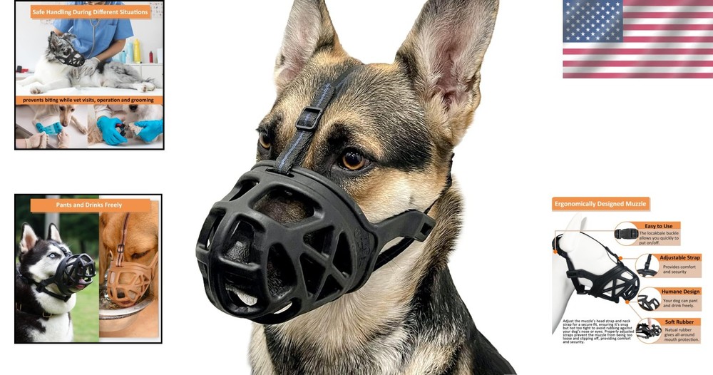 Basket Muzzle for Large Dogs, Humane Cage Design, Black