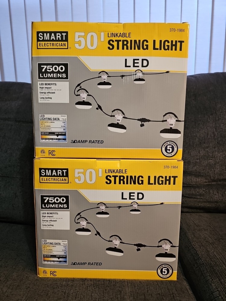 2x 50FT Led Work Light 7,500LM Waterproof Construction String Lights Linkable