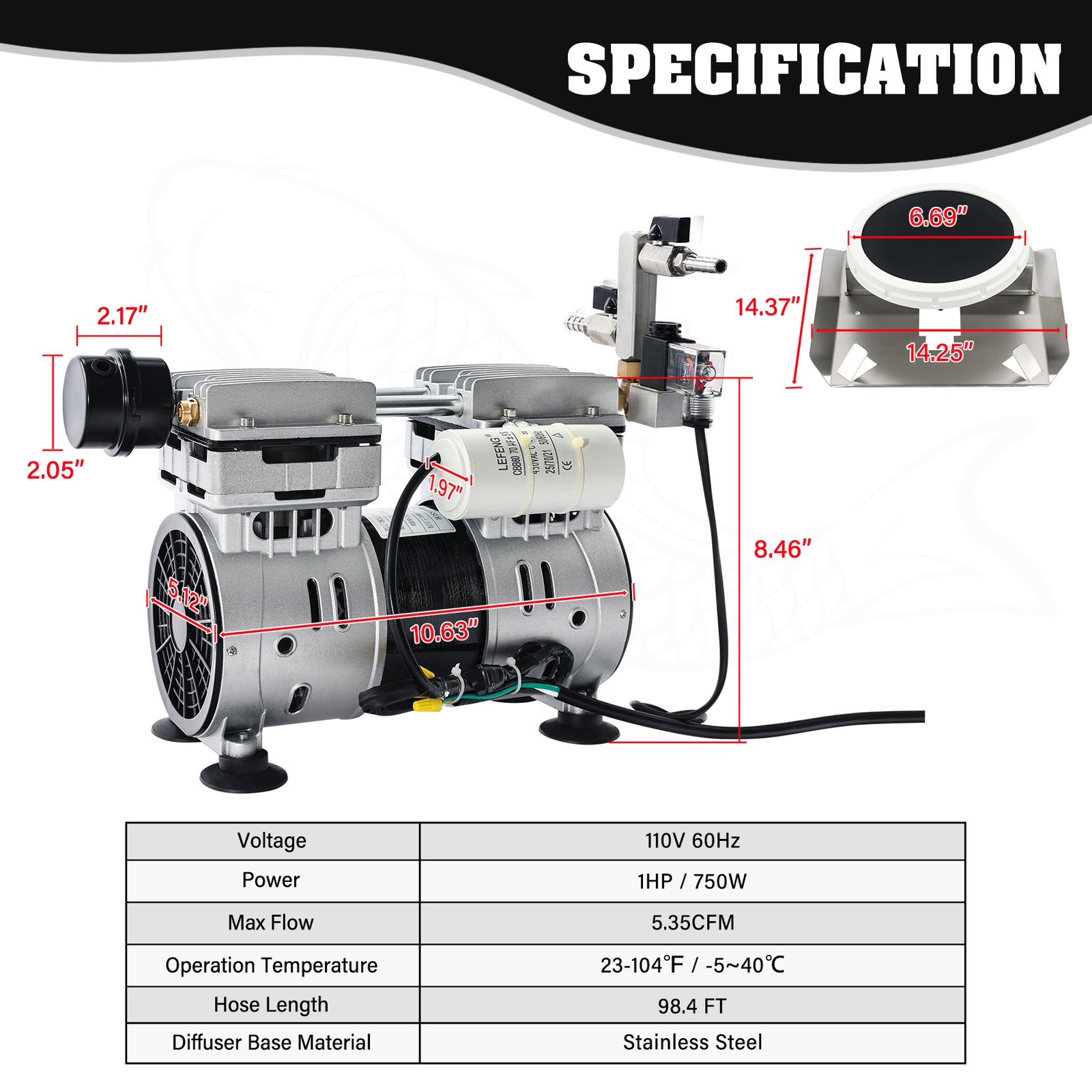 750W Pond Aerator 5.35CFM Lake Compressor Air Pump Aeration Diffuser Kit