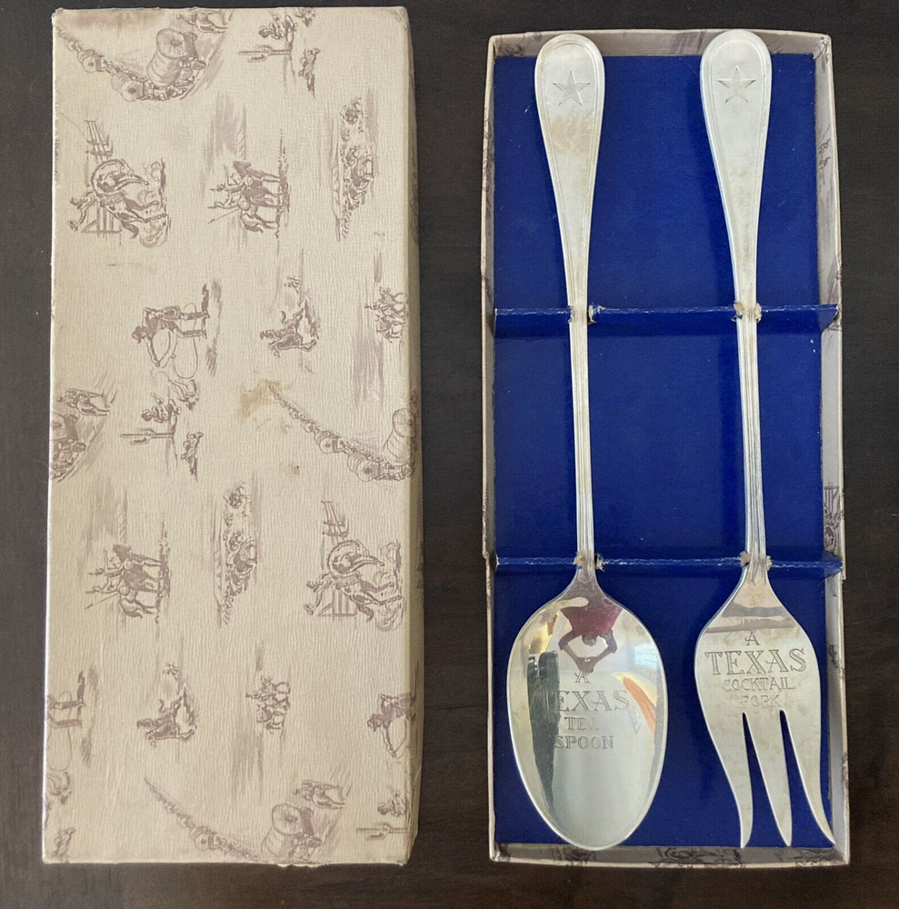 Huge 12.5" 1847 Rogers Bros TEXAS Spoon Cocktail Fork Boxed Silverplate Rare