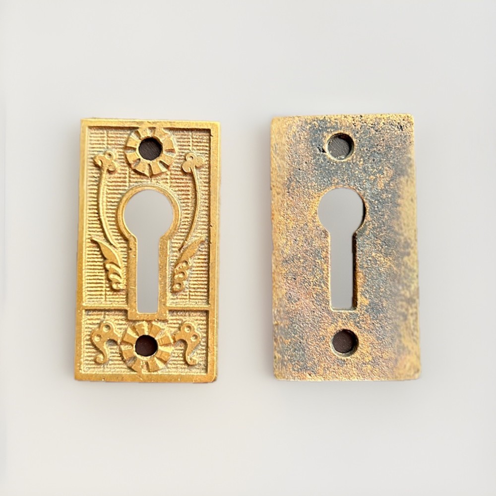 Antique 5" Solid Brass Steeple Tip Hinges (3) & Escutcheons (2) Reclaimed