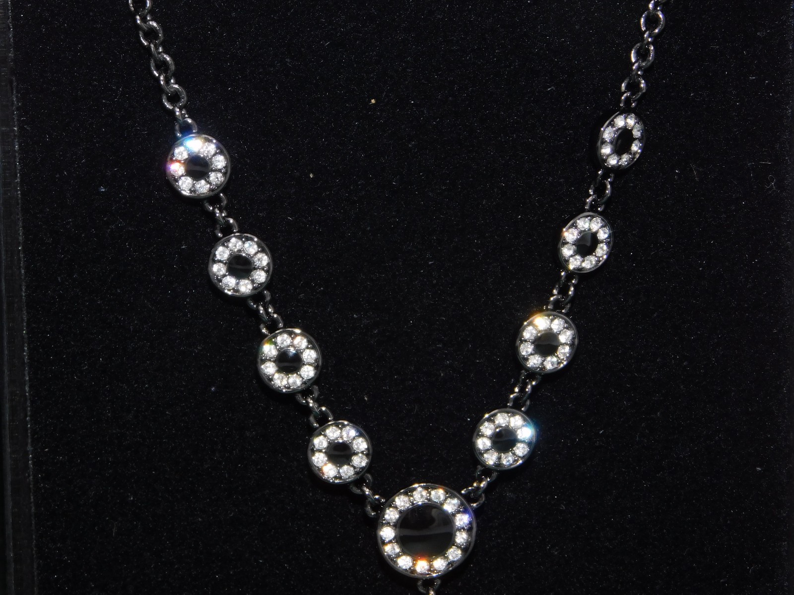 Vintage JOAN RIVERS Gunmetal & Clear Rhinestone Disc Y-Drop Necklace New in Box