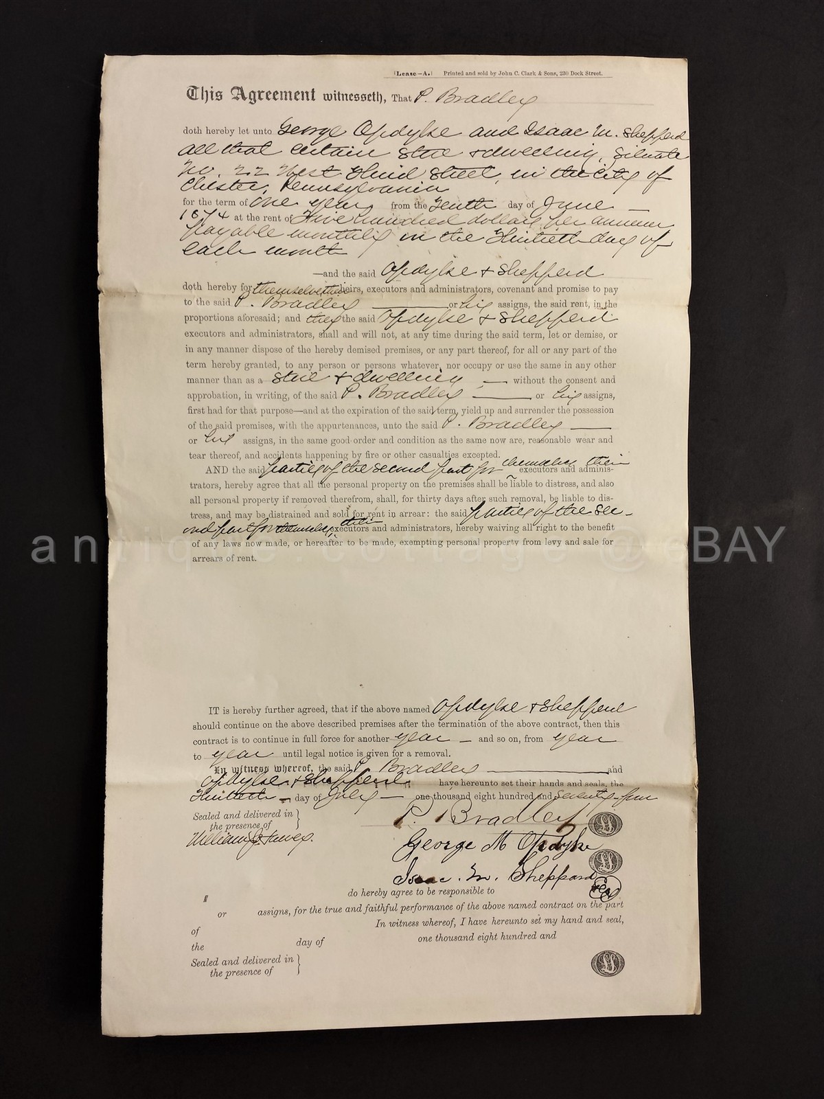 1875 antique DEED LEASE CONTRACT chester pa OPDYKE & SHEPPERD BRADLEY