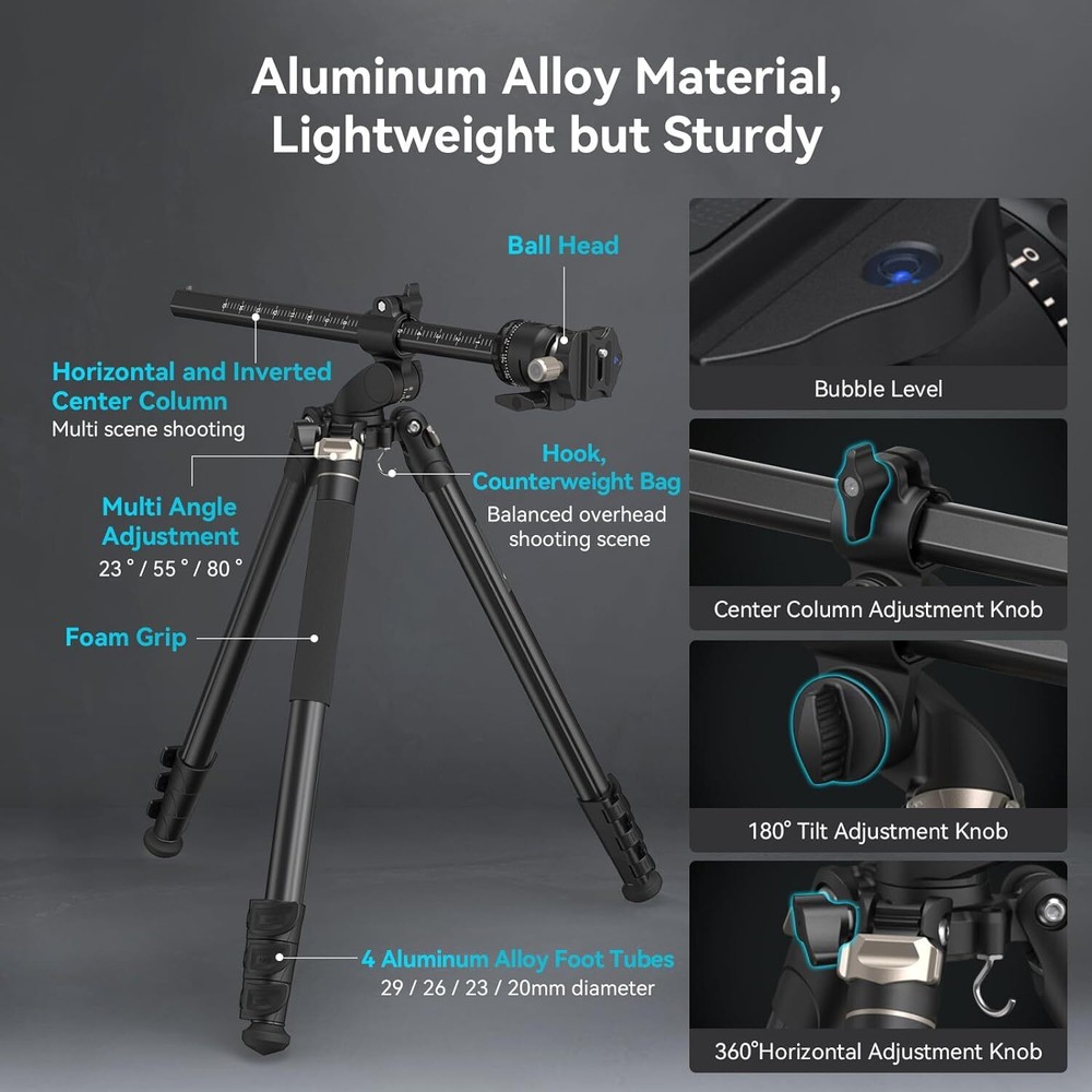 SmallRig 73" Camera Tripod,360° Rotation Center Column Horizontal Tripod Monopod