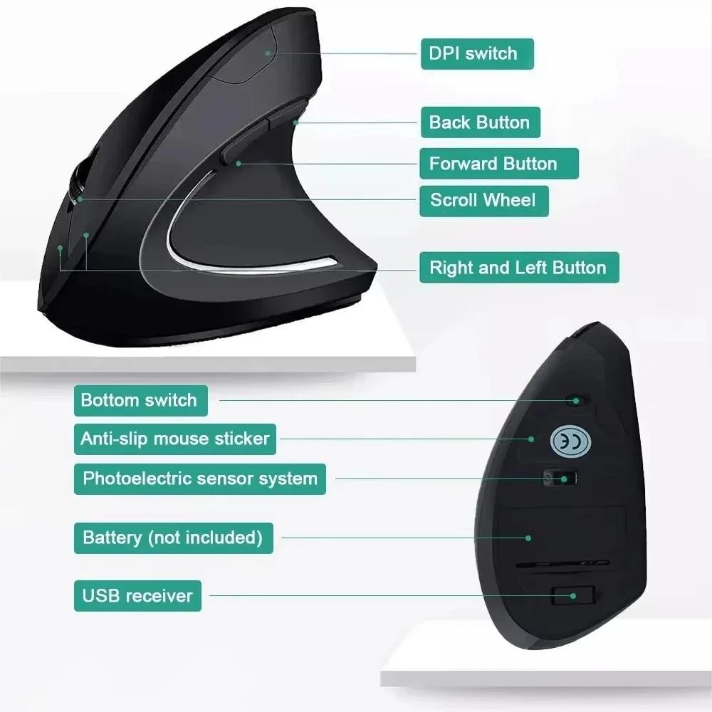 ERGONOMIC WIRELESS 2.4G 3DPI ADJUSTABLE 6 BUTTON UPRIGHT MOUSE PC LAPTOP