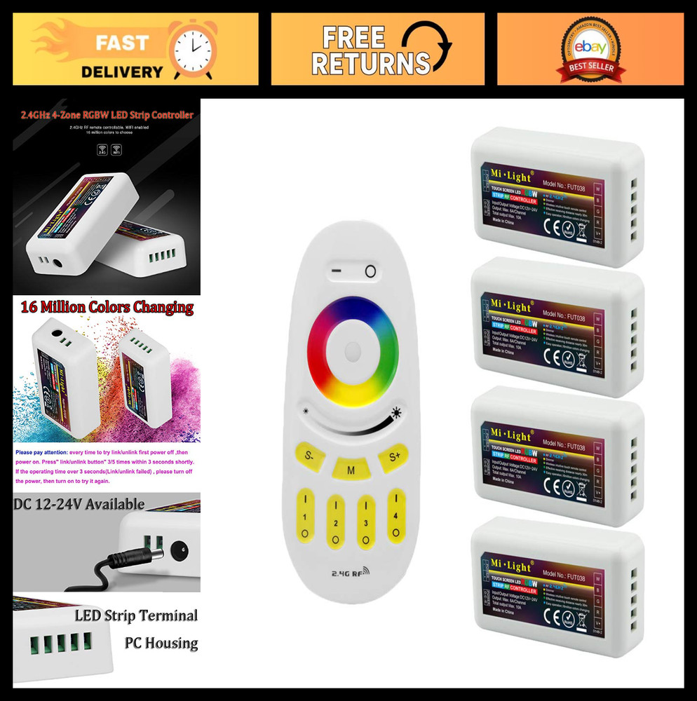 Wireless RGBW LED Controller Kit - 4 Zone Remote, Wi-Fi Compatible, 4CH Multicol