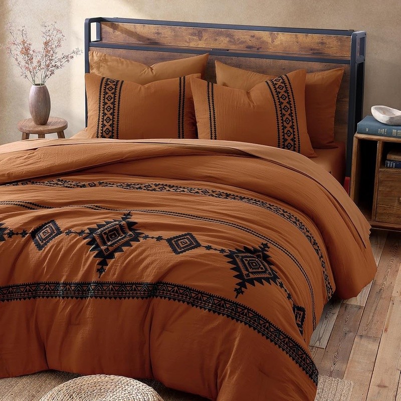 King Size 7 Piece Comforter Set Soft Polyester Boho Embroidery Farmhouse Bedding