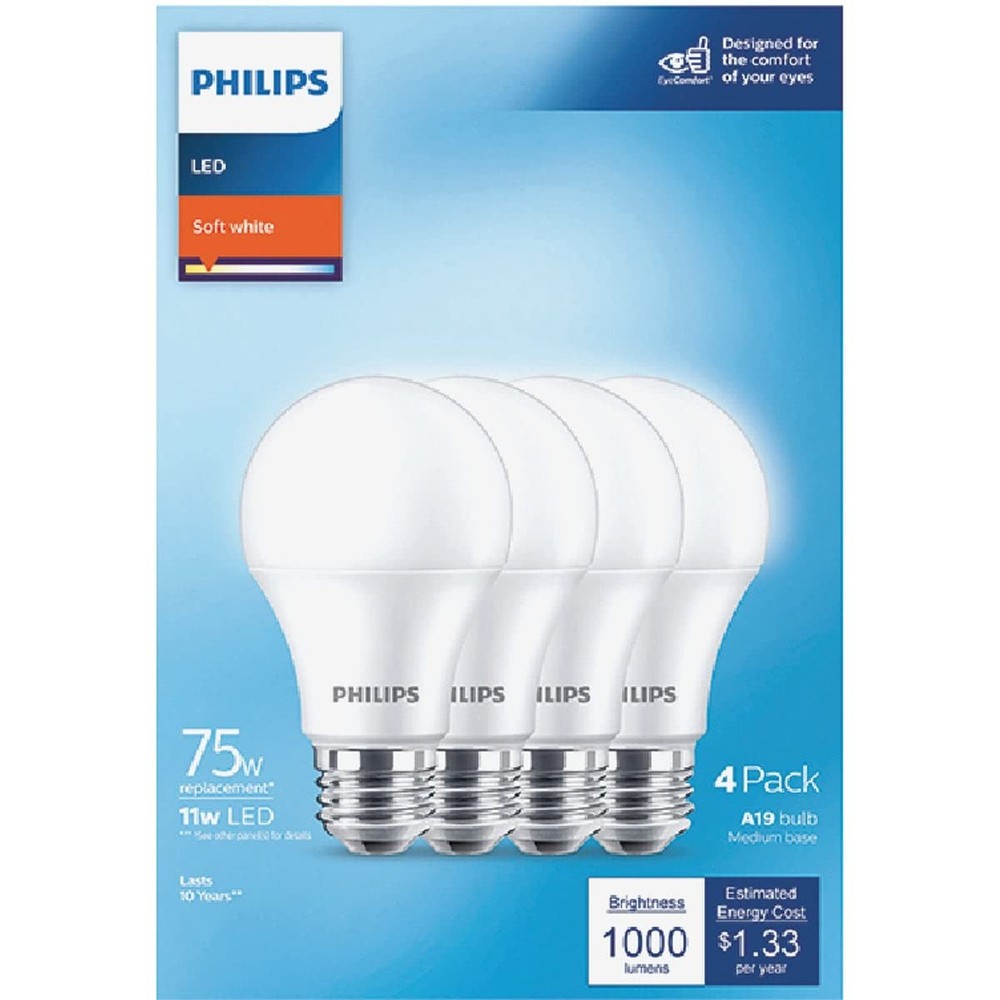 Philips A19 E26 Soft White Led Bulbs 75 Watt Equivalent 4 Pack Energy Efficient