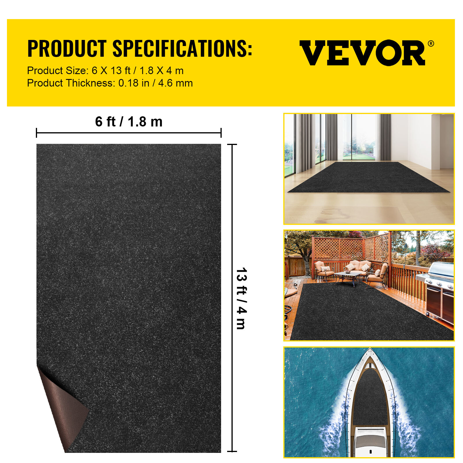 VEVOR 6x13 ft Bass Boat Carpet Cutpile Marine Carpet Charcoal Black Deck Patio