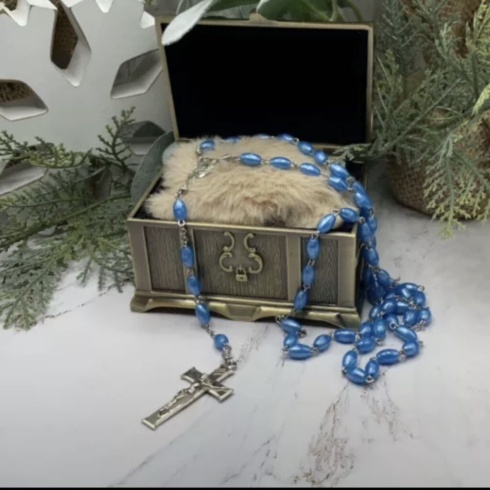 Pearly Blue Plastic Beaded Rosary 31” Catholic Christianity