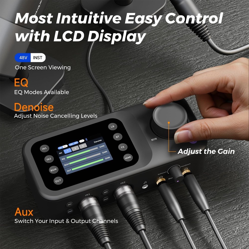 Audio Interface with Pro Preamp, Dual XLR/6.35mm Inputs, 48V Phantom, Dual