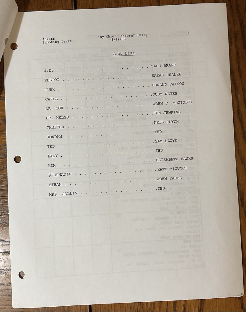 Original Scrubs Revised Shooting Draft Script Pages “My Chief Concern” #815 2008