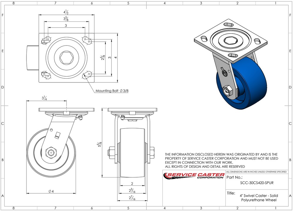 4 Inch Solid Polyurethane Caster Set with Roller Bearings 2 Swivel Lock 2 Rigid