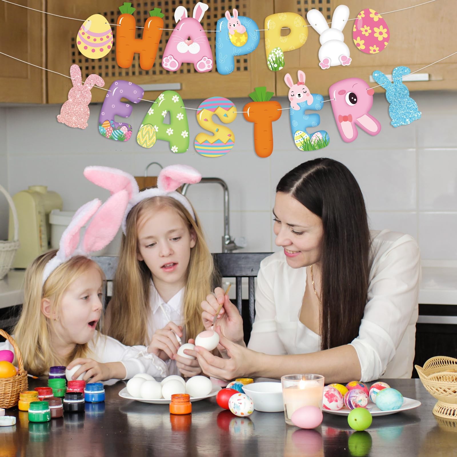 Happy Easter Banner Sign Bunny Eggs For Spring Party Outdoor Porch Decor Art