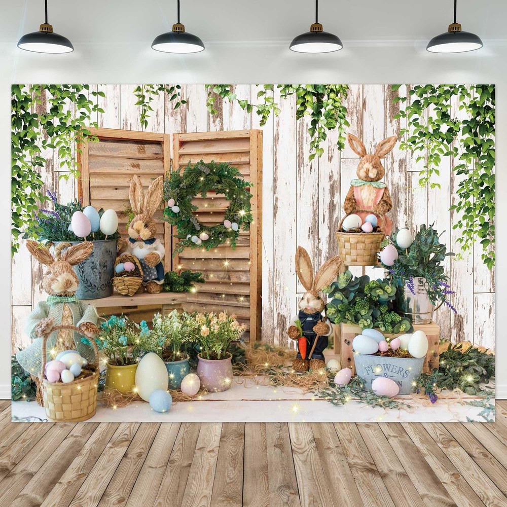 10x8ft Polyester Spring Easter Backdrop Rustic White Wooden Wall Colorful Egg...