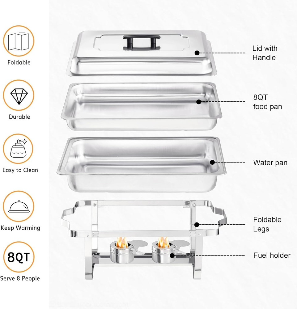 Chafing Dish Buffet Set 4 Packs,9 Quart Stainless Steel Foldable Rectangular Cha