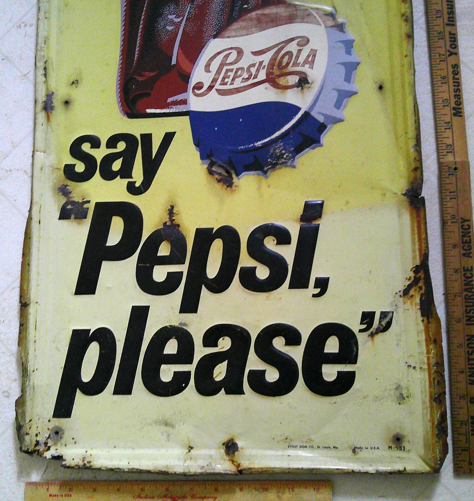 1953 Pepsi sign vintage collectible old soda pop advertising -Stout USA -4 foot