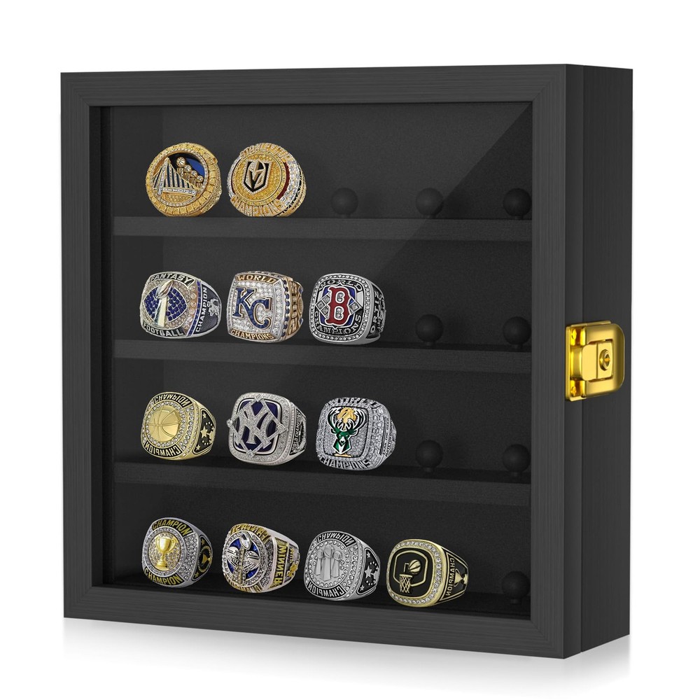 Championship Ring Display Case: Wooden Shadow Box with 20 Posts Black