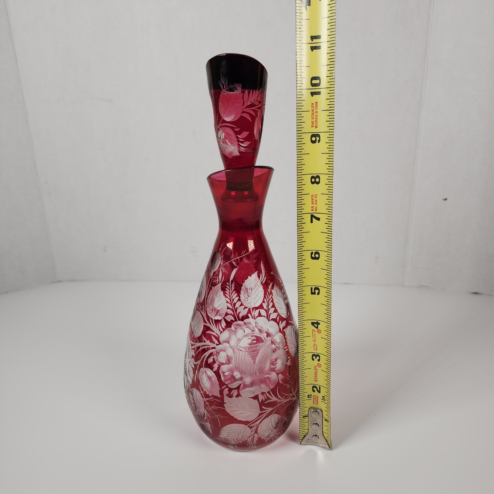 Bohemian Art Glass Ruby Red Liquor Decanter Etched Floral Design Vintage