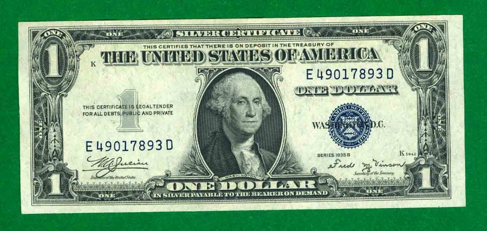 $1 1935-B 1 E/D BLOCK BLUE SEAL SILVER CERTIFICATE CU.
