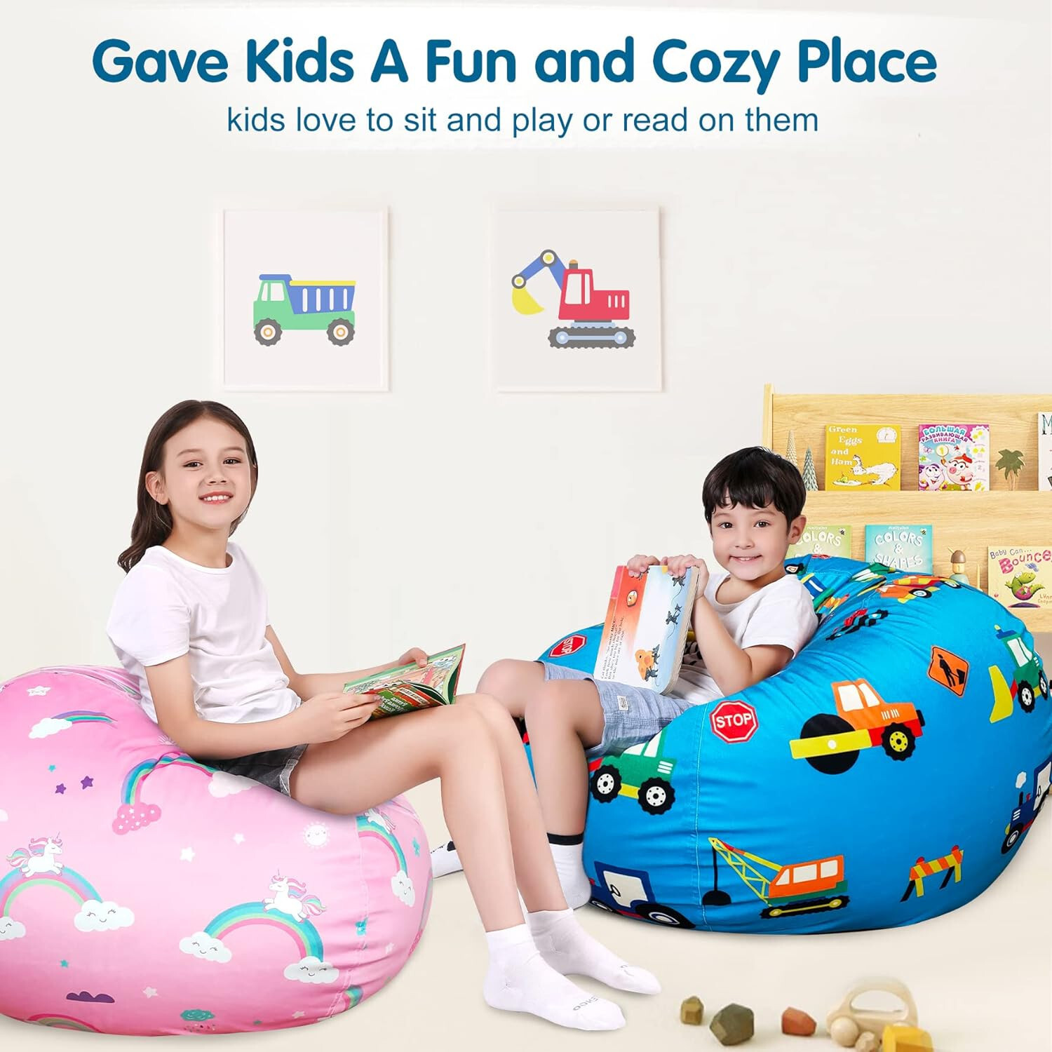 Kids Blue Velvet Bean Bag Cover Plush Stuffable Storage Construction Truck XL