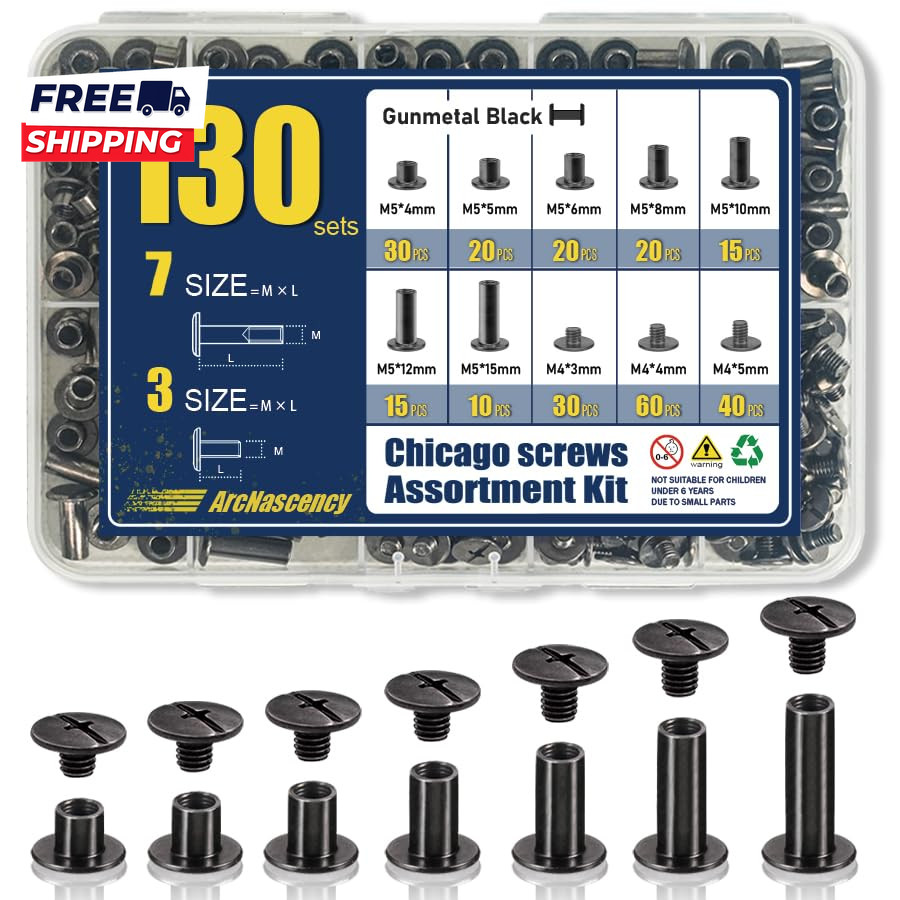 130 Sets Gunmetal Black Chicago Screws Leather Rivets Kit  7 Sizes