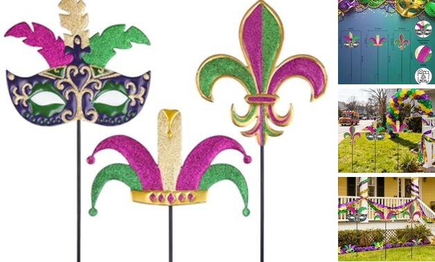 Mardi Gras Outdoor Decorations, Set of 3 Metal 36" Decorative Garden Stakes