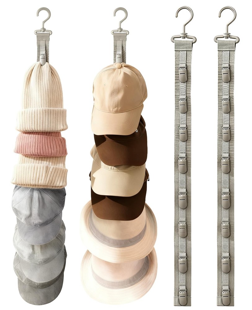 Over the Door Hat Rack - 8 Rotatable Clips Cap Organizer, Foldable Hanging St...