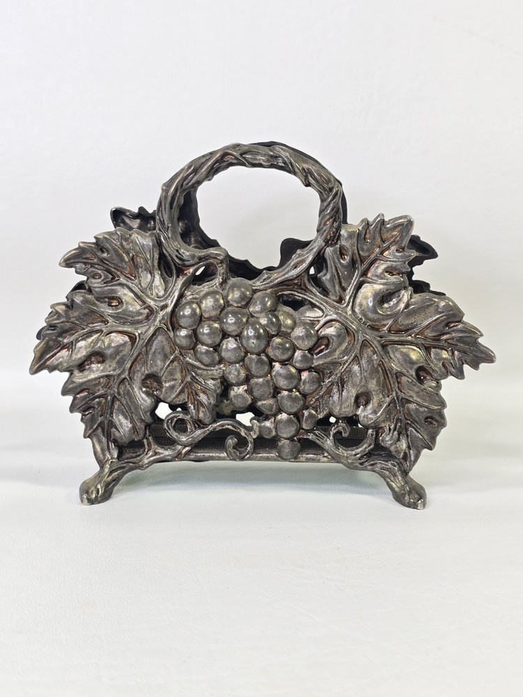 Vintage 1994 Napkin Holder Godinger Silver Co. Plated w Grapes Leaves Metal Tone