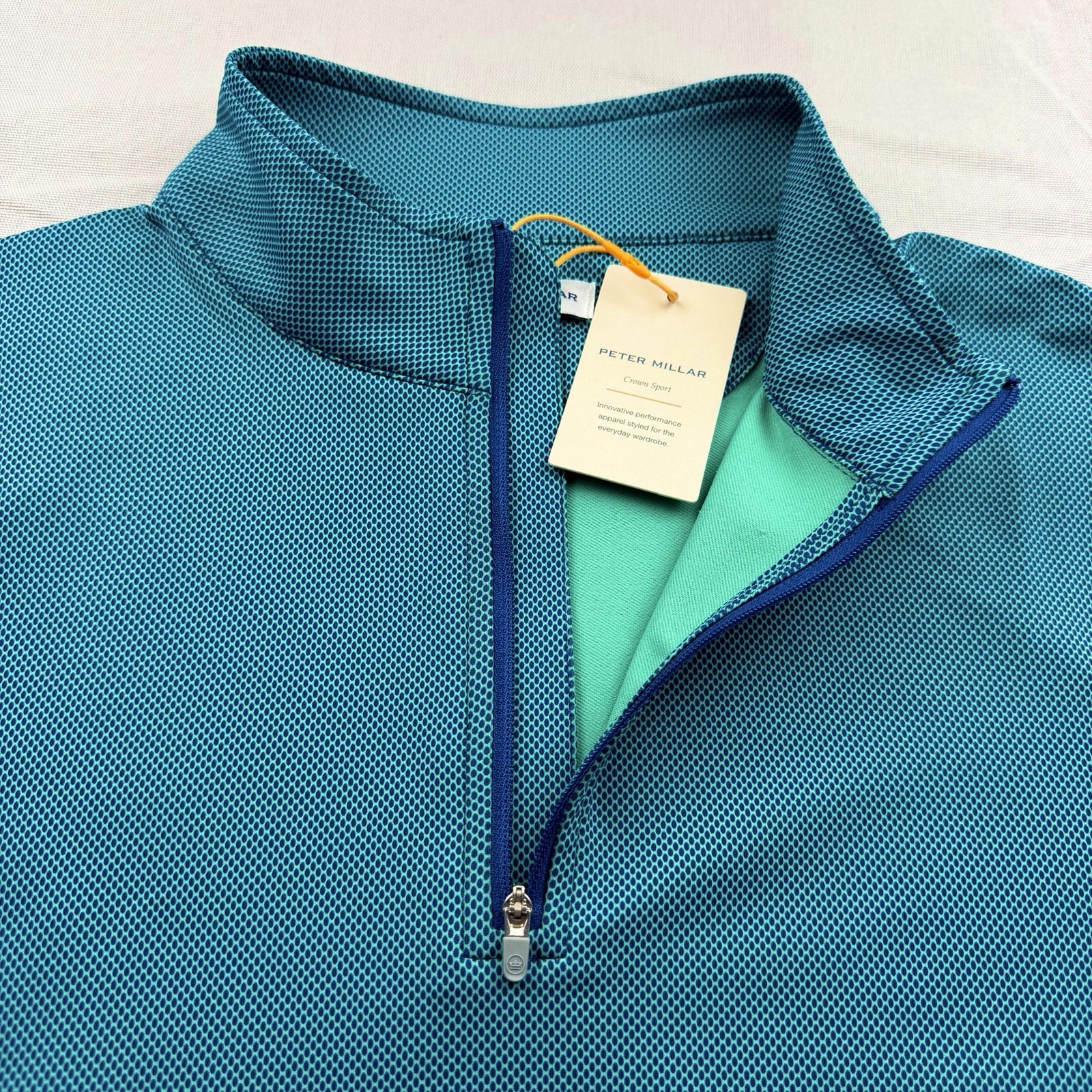 Peter Millar Crown Sport Perth Geo Print Quarter Zip Pullover Navy Green Large