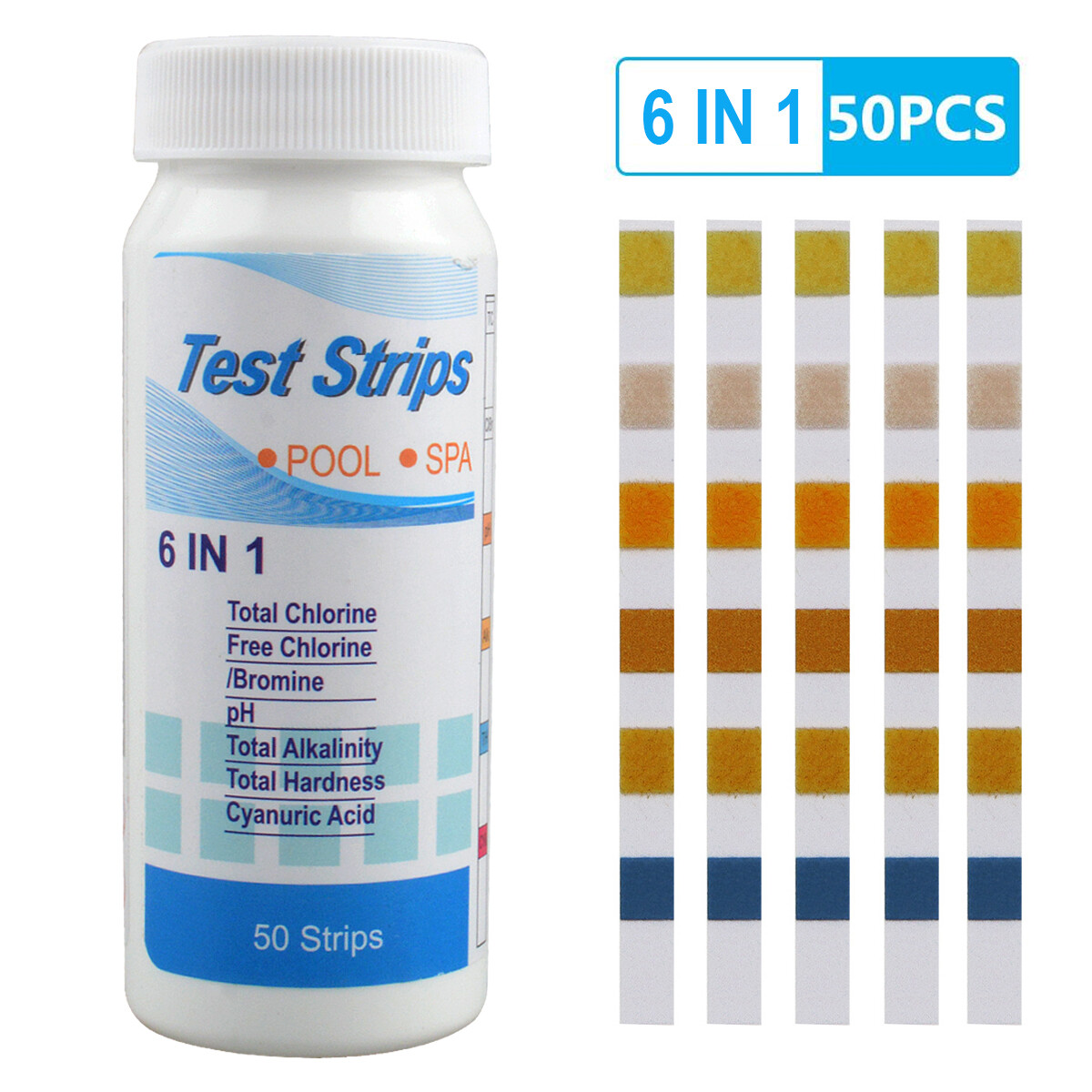200PCS 6IN1 Chlorine Dip Test Strips Hot Tub SPA Swimming Pool PH Tester Paper