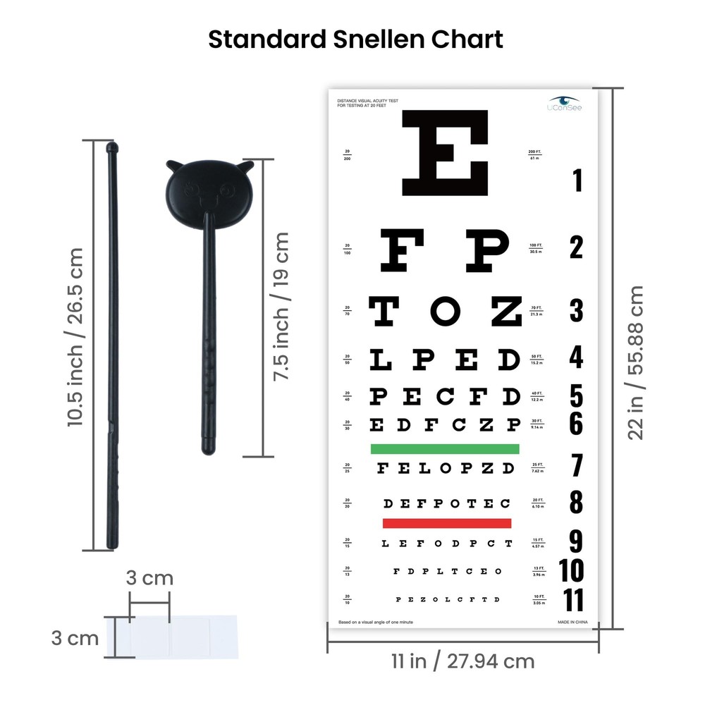 Snellen Eye Chart Visual Acuity Chart with Eye Occluder and Pointer for Eye E...