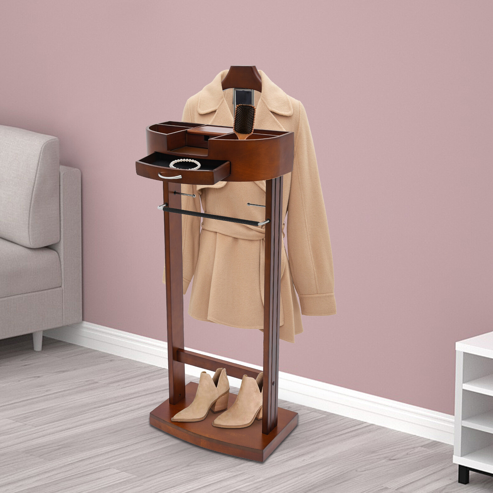 Modern Wood Suit Rack Freestanding Clothing Valet Stand Brown For Home Indoor US