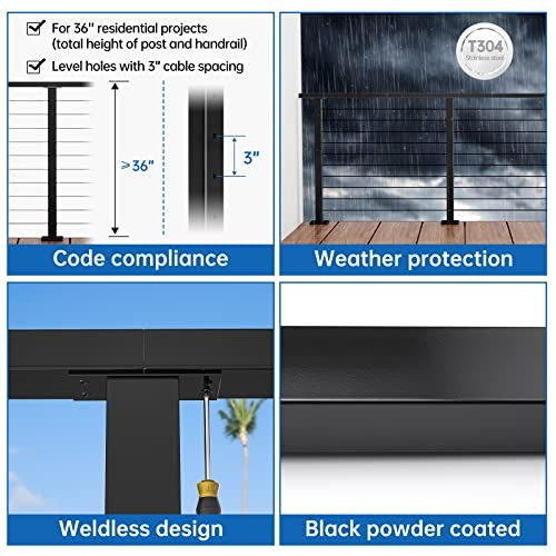 Black Cable Railing Post 36 Inch 36"x2"x2" Level Drilled Surface Level post