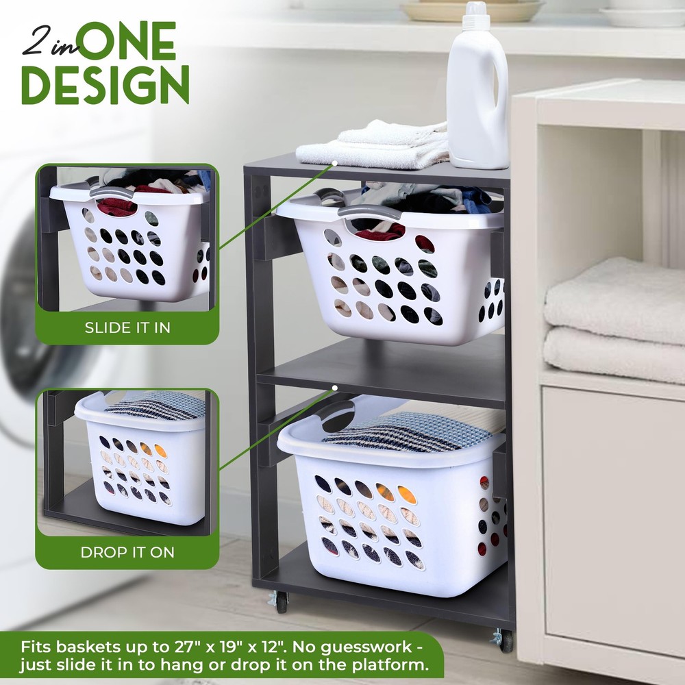 Laundry Basket Holder Shelf (2-Tier) - Stackable Engineered Wood Laundry Towe...