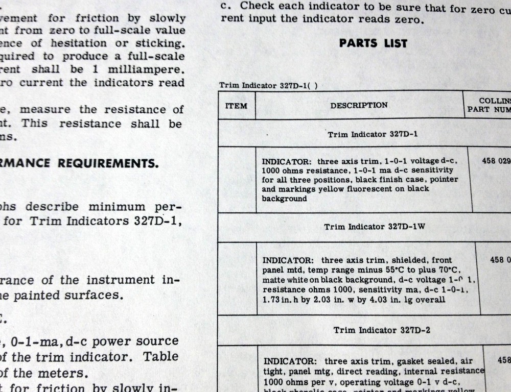 Collins 327D-1, 327D-1W & 327D-2 Trim Indicator Tech Data Sheet