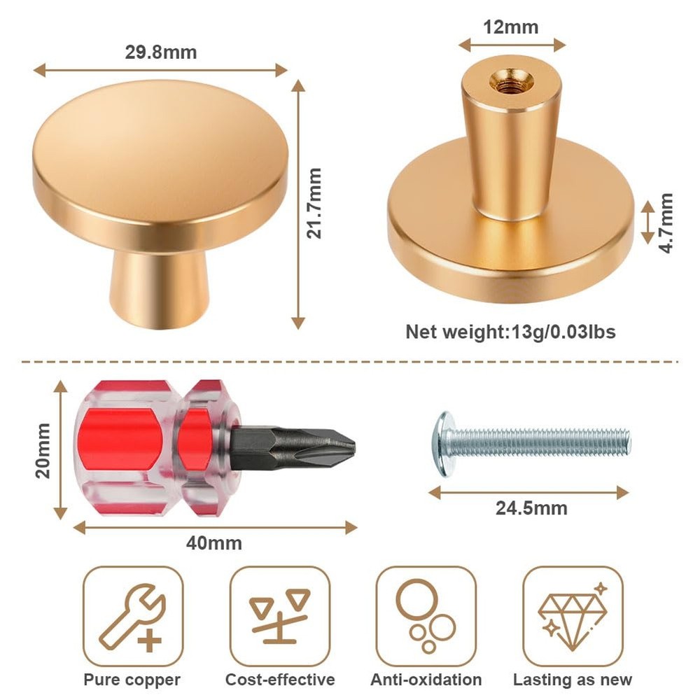Ainiv 6 PCS Gold Cabinet Knobs, Round Drawer Knobs, Mushroom Dresser Handle, ...