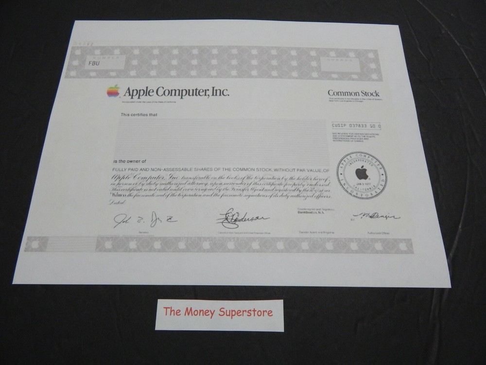 Apple Computer's Brown stock certificate COPY of original document item #290.