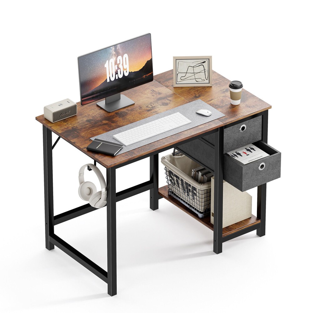 Office Study Table with Side Hook and 2 Storage Drawers - 40/47in Computer Desk
